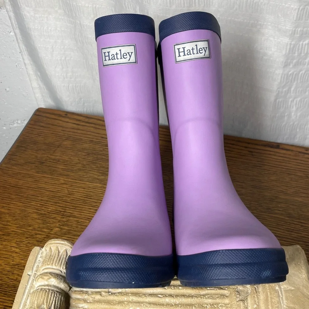 Hatley Girls Lavender Purple Navy Blue Rubber Rain Boots Size US 2 Waterproof